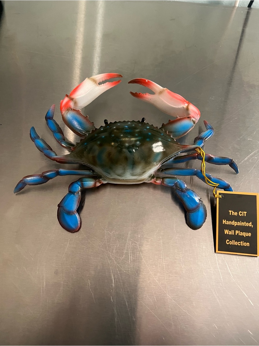 New W/Tags Lightweight Hand Painted Hard Plastic Blue & Coral  Crab Wall Plaque